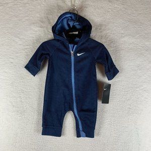 Nike Coverall One Piece Baby Size 3M Midnight‎ Navy Long Sleeve Mesh Hooded 6326